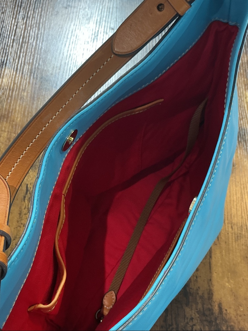 Dooney & Bourke Turquoise Nylon Shoulder Bag with Tan Leather Accents - Picture 12 of 16